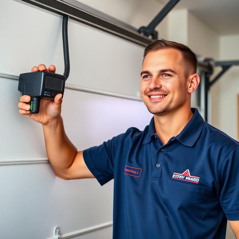 Professional garage door technician testing safety features in Robertsville